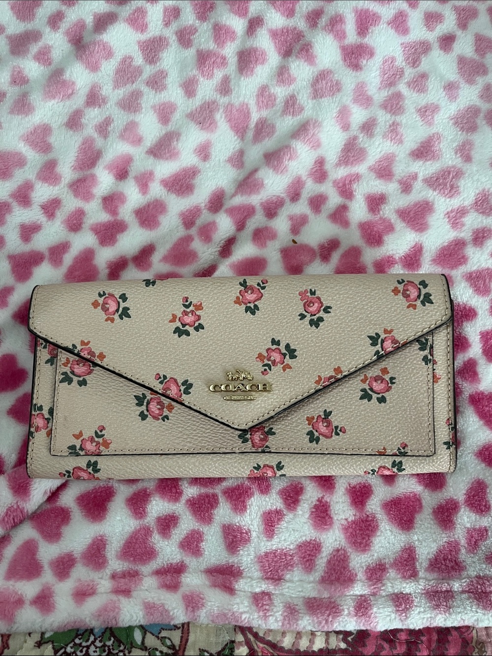 Coach Cream Floral Envelope Wallet with Pink Rose Print